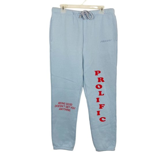 Prolific Light Blue & Red Graphic Sweatpants Logo Spell Out Lounge Men's Large - Picture 1 of 9